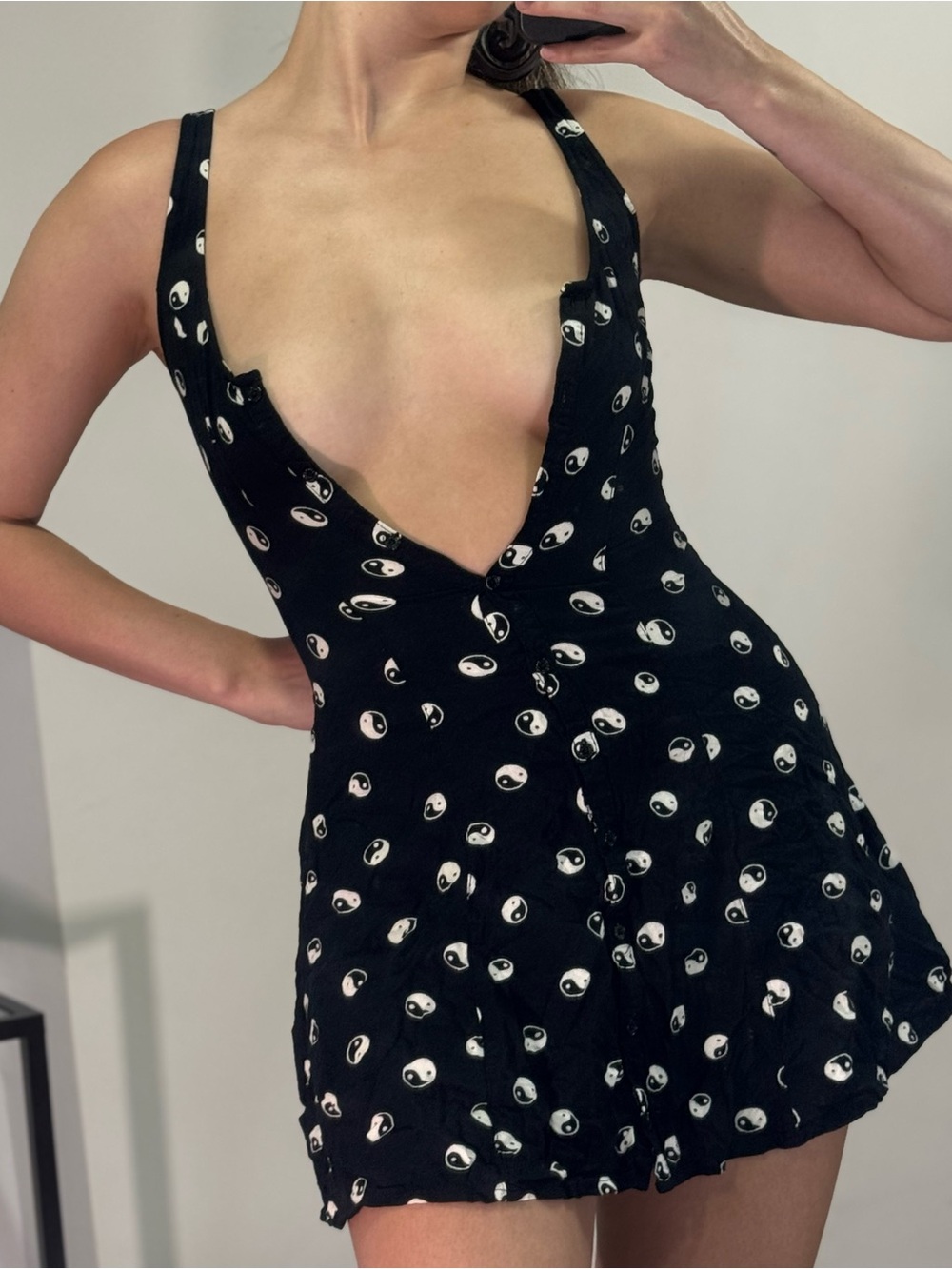 Black Yin Yang Print Button Up Mini Dress